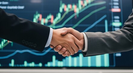 Two business people shaking hands in front of financial stock market data display, symbolizing successful partnership