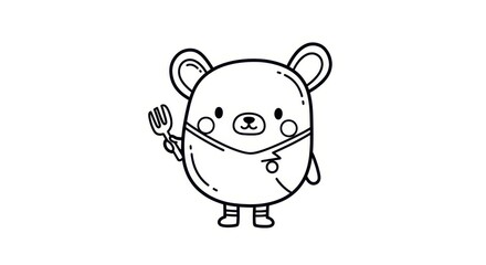 Obraz premium Cute Bear Chef in Mask Holding Fork, Kawaii Food Illustration