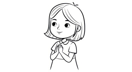 Obraz premium Cute cartoon girl with hands clasped in prayer or greeting, simple line drawing.