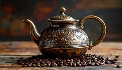 Intricate Brass Teapot on Rustic Wooden Surface Surrounded by Fresh Coffee Beans with Textured Dark Background and Soft Natural Lighting