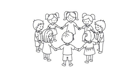 Diverse children holding hands in a circle, symbol of unity and friendship, simple line art