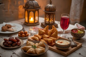 Ramadan Iftar Feast with Dates, Samosas and Refreshing Drink