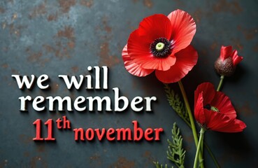Red poppies signify remembrance on November 11th. The inscription reads we will remember 11th november on a rusty metal surface. It is a solemn tribute.
