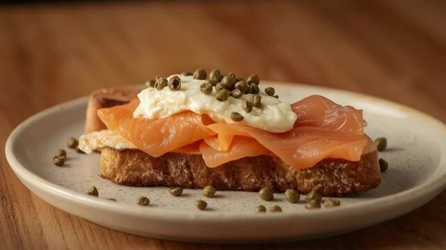 Smoked salmon tartine on sourdough toast with cream cheese, caper garnish breakfast flavor