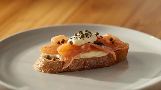 Smoked salmon toast with cream cheese, capers and sour cream crusty bread. appetizing warm crostini