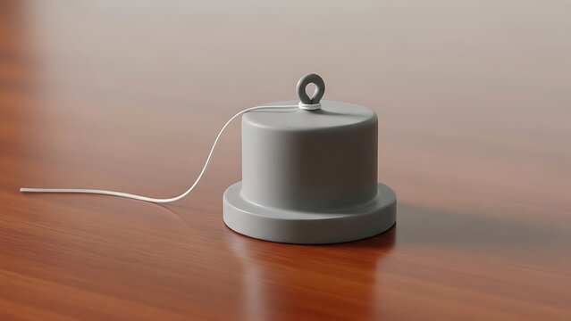 Minimalist gray bell with pull string placed on wooden surface display