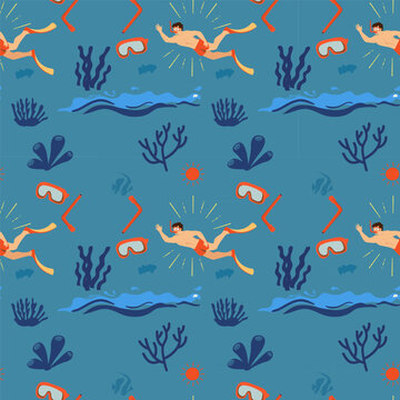 Seamless vector illustration of a cartoon underwater pattern featuring tropical fish and marine life like fishes and coral reefs in a blue ocean design