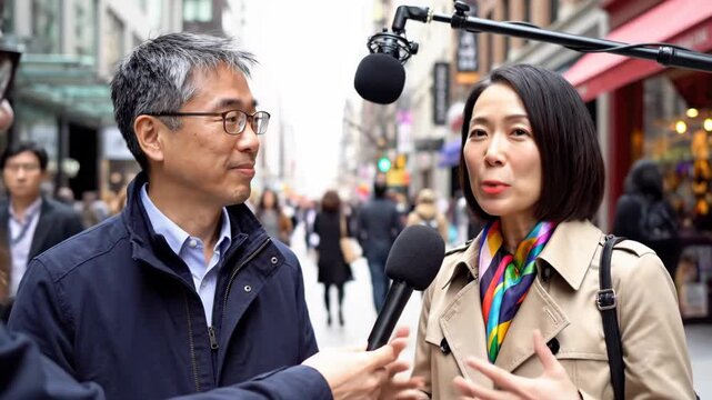 Interview on a City Street - A man is interviewing a woman on a busy city street, holding a microphone up to her as she speaks. Overhead is a boom microphone.