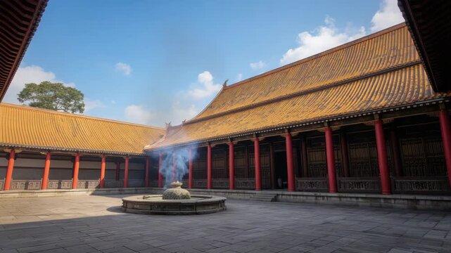 Ancient temple courtyard incense smoke rising serene atmosphere golden roof tiles under blue sky