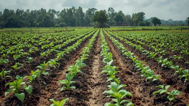 Young crop seedling rows in fertile farm field soil under misty morning soft light calm scene
