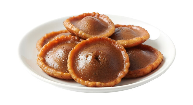 Kuih Koci cakes are served on a small white plate against white.