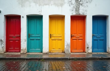 Naklejka premium Five colorful doors in straight row on white wall. Each door has unique design and texture. Wet cobblestone ground reflects bright door colors and sky. This image symbolizes choices and opportunities.