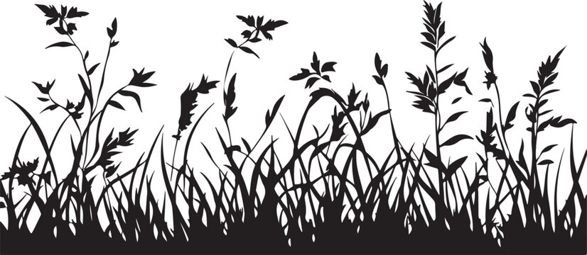 A black silhouette vector illustration of meadow grass, spring flowers, and bamboo leaves isolated on a white background for a floral nature design
