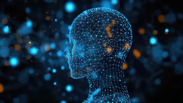 Digital wireframe human head glowing neural node network with futuristic blue bokeh connections