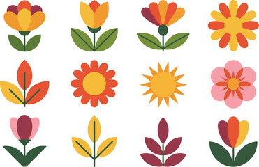 Fototapeta premium A vibrant grid of colorful stylized flowers and leaves showcases various shapes on a white field