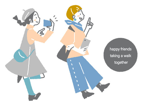 友達とのお出かけを楽しむ若い女性　やわらかいタッチのお洒落なシンプルイラスト
