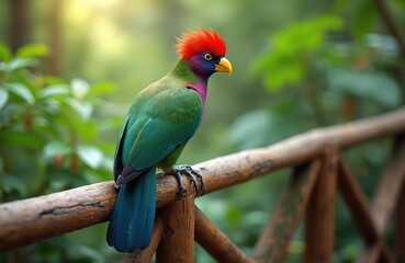 Fototapeta premium Red crested turaco bird with green body and bright orange crest sits on wooden railing. Exotic bird with blue tail and purple neck colors rests in rich green jungle foliage background.