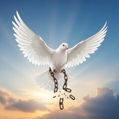 Obraz premium White Dove Breaking Chains Flying in Sky with Sun Rays