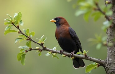 Fototapeta premium Male brown-headed cowbird rests on budding tree branch. Bird perches in spring with green leaves. Small songbird looks left, shows black plumage and brown head.