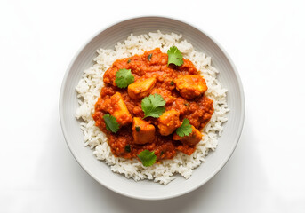 Fototapeta premium Delicious plate of chicken tikka masala with basmati rice garnished with fresh cilantro leaves on a white plate