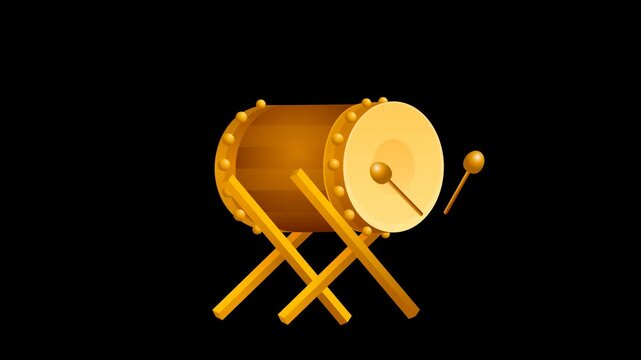 Mosque Drum Animation for Ramadan and Eid with Alpha Channel. Traditional Bedug with Sticks Hitting on Transparent Background.