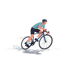 Naklejka premium A male cyclist wearing a helmet and casual clothing riding a blue bicycle in motion on a white background. Perfect for sports, fitness, and transportation illustrations.