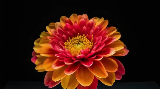 Close-up of a red and yellow dahlia flower on black background