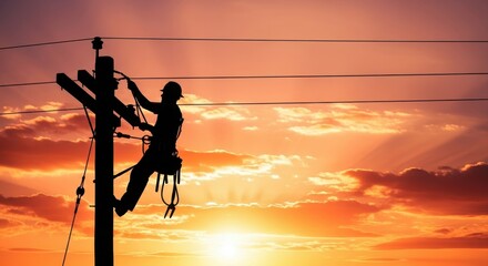 Electrician silhouetted working on power lines against a vibrant sunset sky