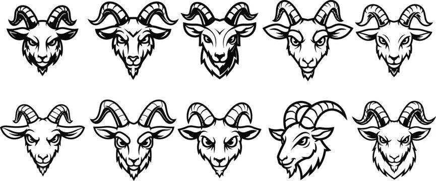Collection of various stylized black and white goat head illustrations with horns, showcasing different expressions and angles.