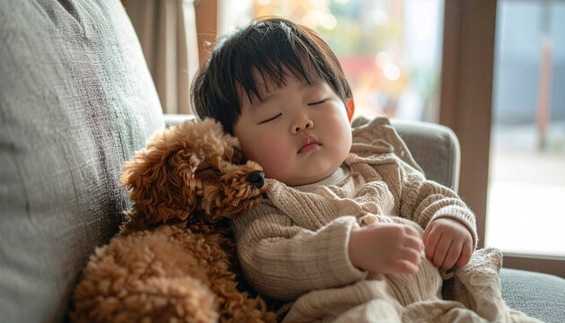 眠っている子供とトイプードル