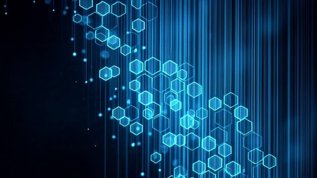 Blue hexagons forming a futuristic digital pattern on a dark background.