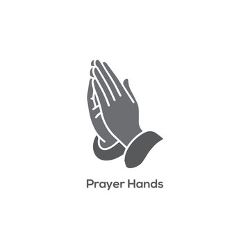 Minimalist gray icon of human hands pressed together in a prayer position for religious faith and spiritual hope concepts.
