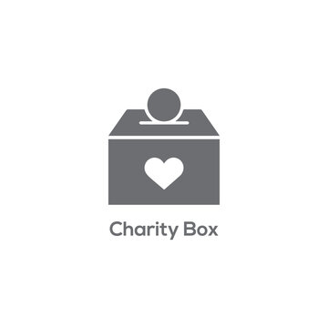Minimalist gray charity donation box icon with heart symbol and coin falling into slot for philanthropic giving and help.

