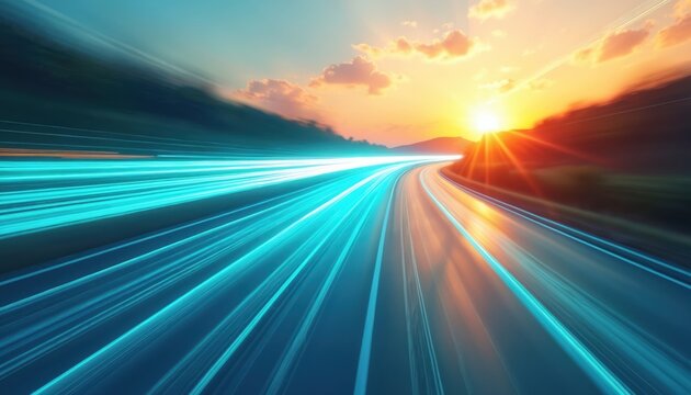 Car light trails on highway at sunset. Speeding on road, fast motion blur effect. Traveling journey into horizon, bright sun flares over landscape.