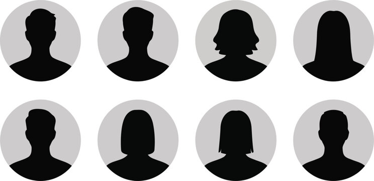 Eight black silhouette user profile icons in gray circles depicting various male and female hairstyles