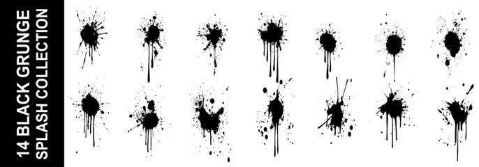 Spray paint graffiti blots, dots and ink splashes. Circles with drips and spray paint effect for urban street art design. Hand drawn rough ink splashes with grain texture and small blots collection. © Creative