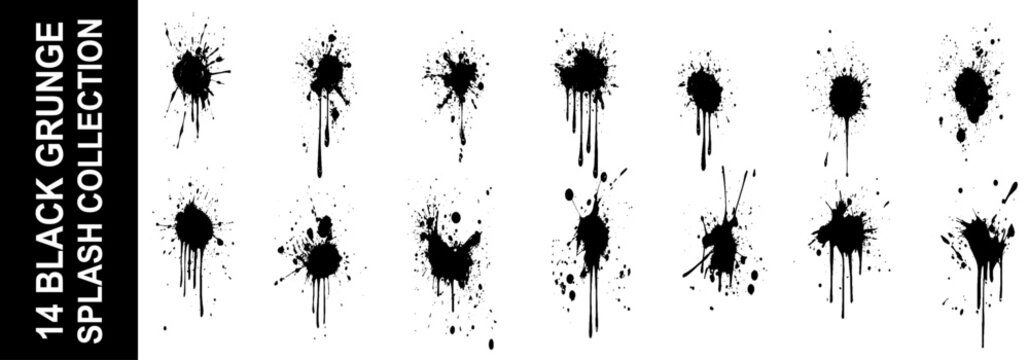 Spray paint graffiti blots, dots and ink splashes. Circles with drips and spray paint effect for urban street art design. Hand drawn rough ink splashes with grain texture and small blots collection.