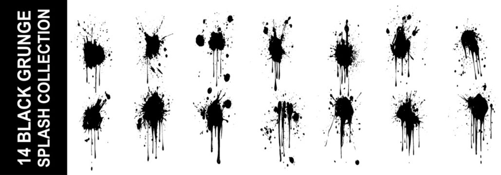 Set of black paint splashes icon vector. Paint splatter colorful set, ink blots. Different splashes and drops, cartoon spatters. Vector illustration.