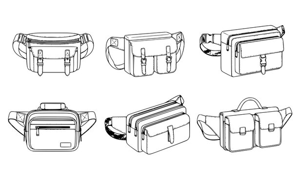 Flat Vector Technical Fashion Illustration of Belt Bags and Satchels Front and 3-4 View for Men, Women, and Unisex