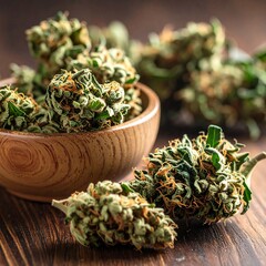 A wooden bowl and several cannabis buds on a wooden surface