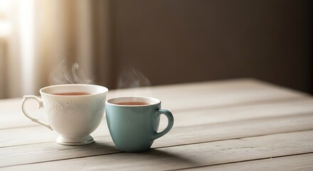 Fototapeta premium A close-up view of two steaming cups of hot tea on a rustic wooden table with soft light