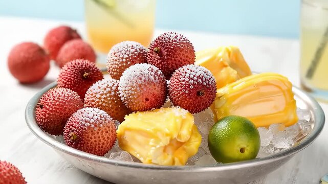 Close up of chilled lychees and jackfruit platter on ice