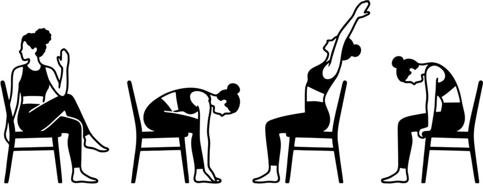 Set of Chair Yoga Poses for Office Wellness and Senior Fitness Seated Stretching Exercises Vector Illustration
