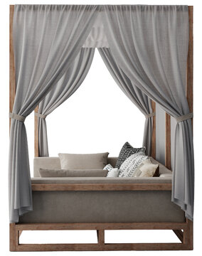 Interior furniture set 3D render. Side view of a luxury outdoor canopy daybed with wooden frame, gray curtains, and decorative tribal print pillows isolated on a transparent background.