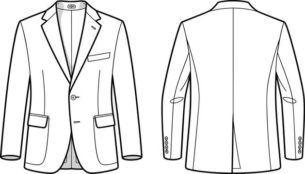 Men&rsquo;s blazer technical sketch, fashion flat drawing, front and back view, garment template, tailoring illustration, apparel vector art