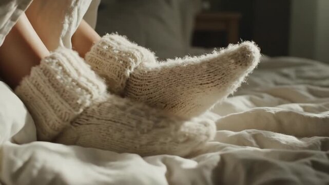 Cozy Feet in Warm Knitted Socks Relaxing on Bed