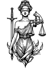 Obraz premium Justitia holds scales of justice and sword with blindfold