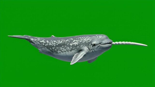 A large narwhal swimming in the Arctic ocean, viewed from the side, illustrations