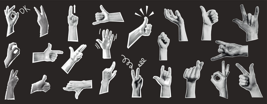 Trendy halftone elements set for collage and scrapbook. Cut out from magazine hand emoji gestures collection. Hands signs grunge punk dotted stickers with doodles Modern retro vector illustration
