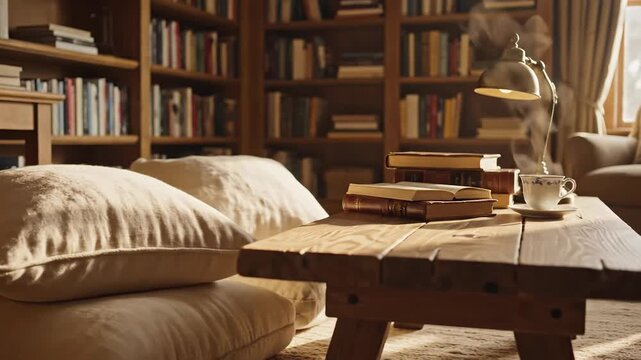 Cozy Library Corner with Books, Pillows, and Steaming Cup of Coffee